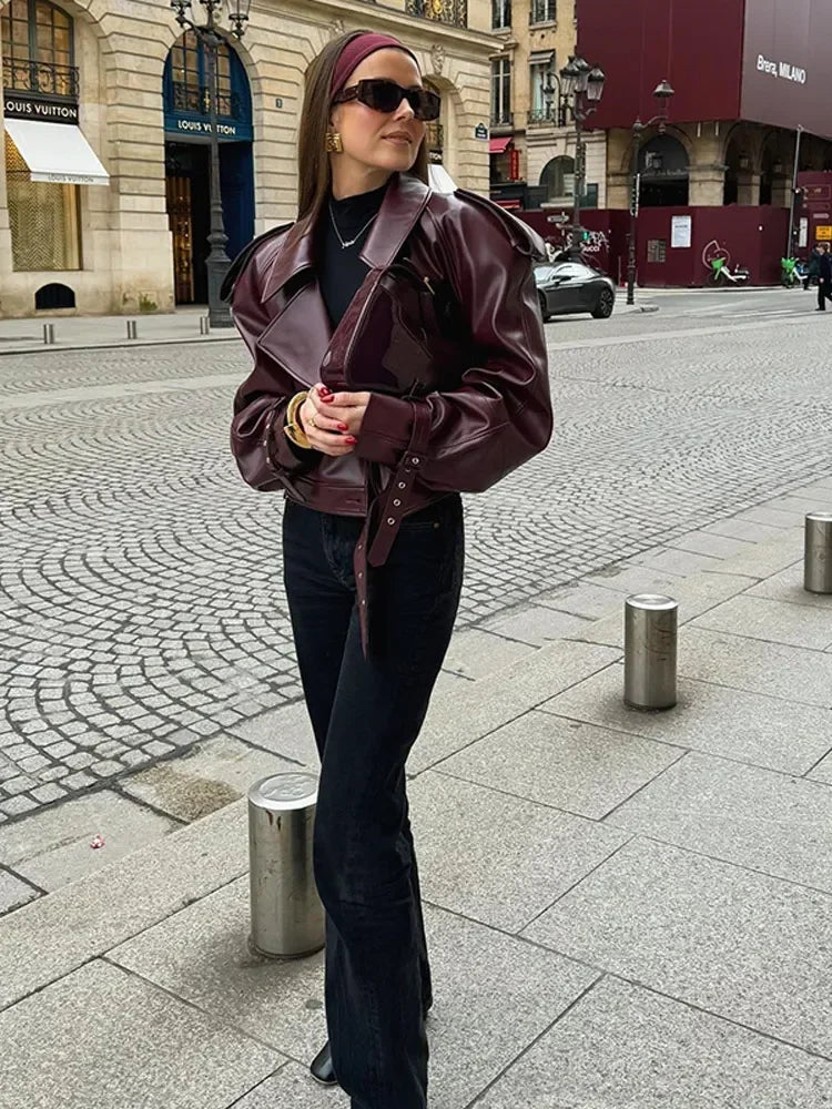 Eudeline | Women’s Burgundy Oversized Leather-Effect Jacket with Belt and Wide Lapels