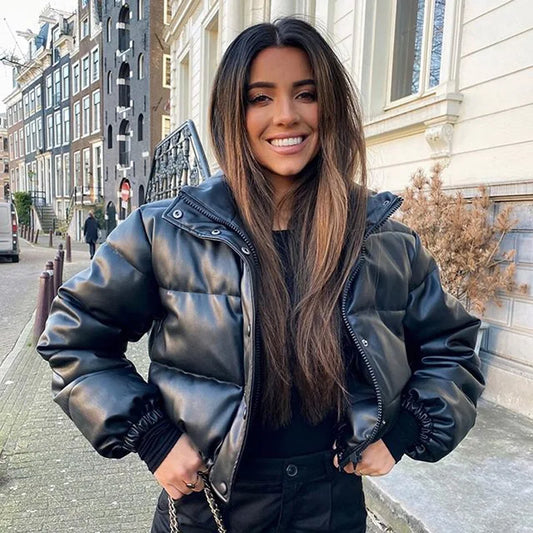 Octana | Women's Cropped Faux Leather Parka with Stand Collar & Button Details – Elegant & Functional Winter Coat