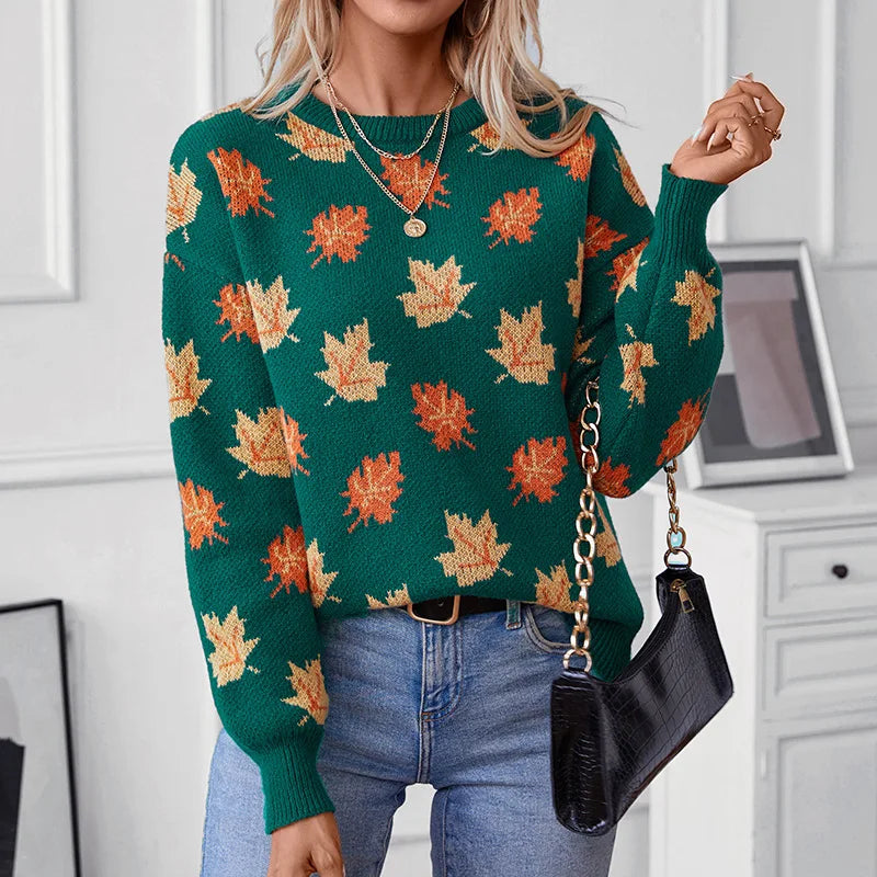 Senta | Women's Green Knitted Jumper with Maple Leaf Pattern