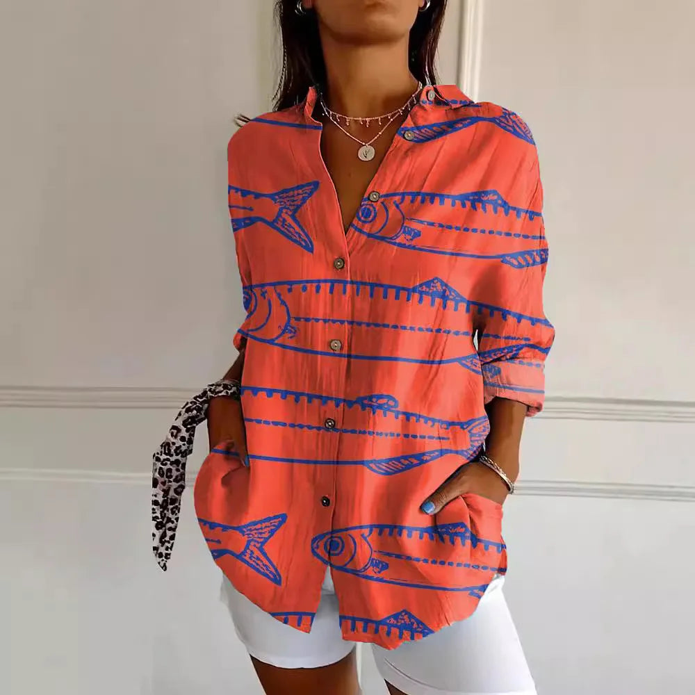 Selavia | Women's Stylish V-Neck Buttoned Blouse with Trendy Print Patterns