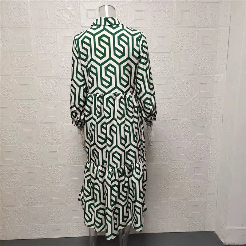 Naomi | Women’s Geometric Pattern Long Sleeve Maxi Dress with Layered Style