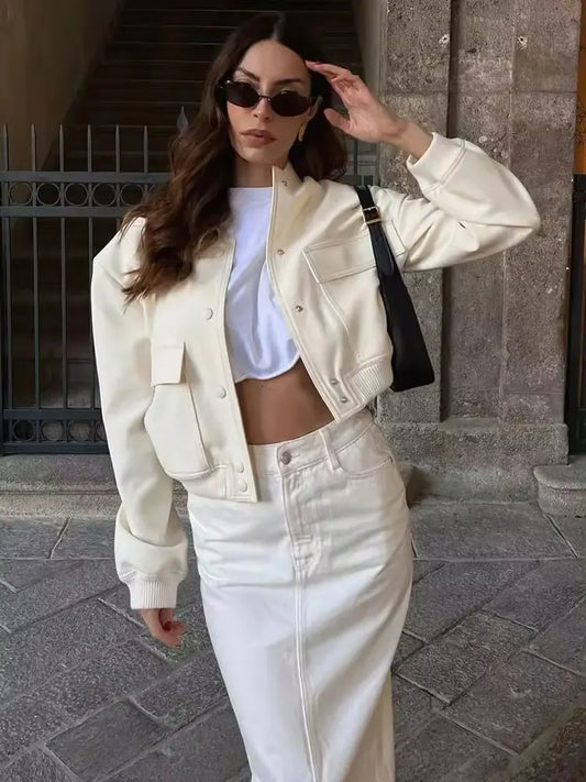 Tiana | Women's White Bomber Jacket with Buttons – Stylish Short Jacket for a Modern Look