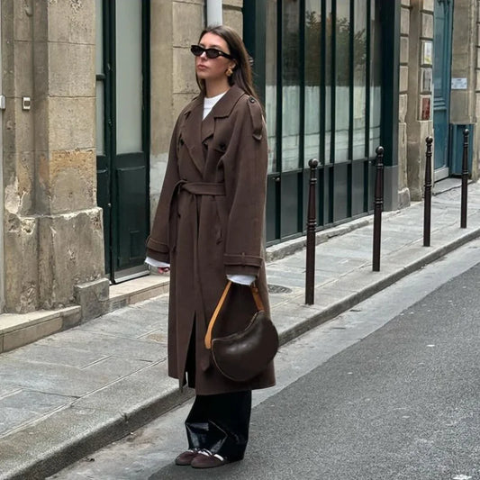 Isalene | Elegant Brown Wool Winter Coat with Revers Collar