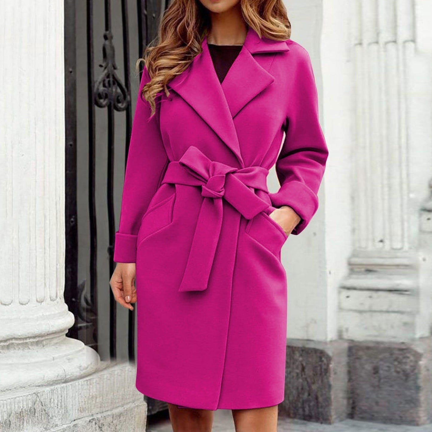 Eudoria | Women’s Solid Colour Long Coat with Lapel Collar and Waist Belt