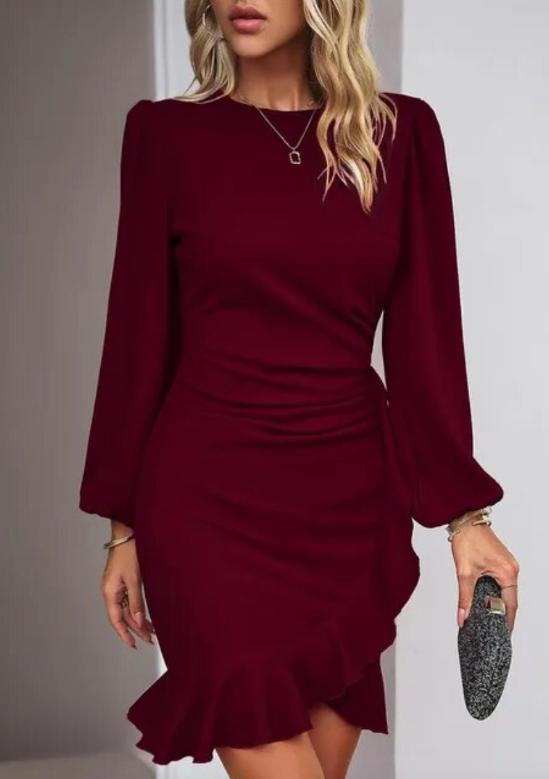Ceridwen | Elegant Mini Dress with Lantern Sleeves & Ruffle Trim