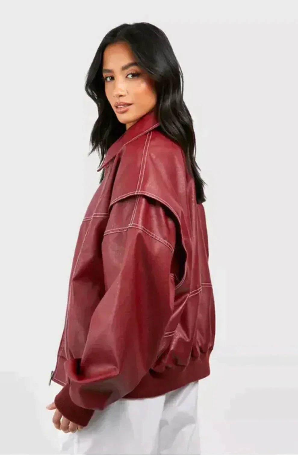 Alianora | Women’s Red Oversized Zip-Up Jacket with Lapel Collar – Stylish Casual Outerwear