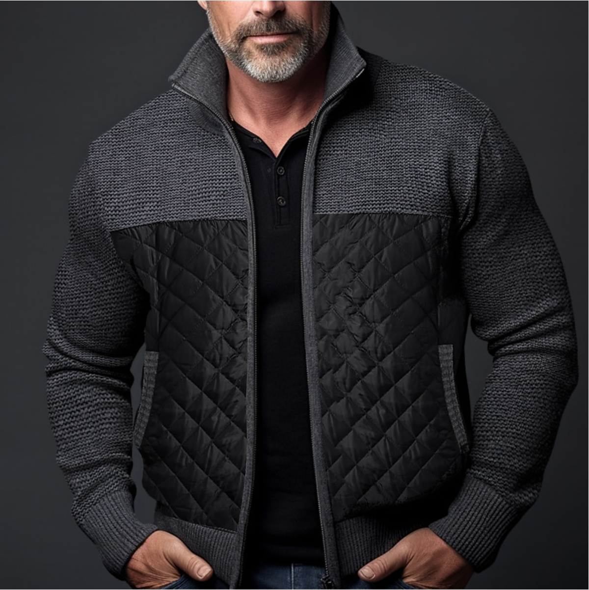 Jerwin | Casual Full-Zip Warm Jacket with Patchwork Design and Side Pockets for Men