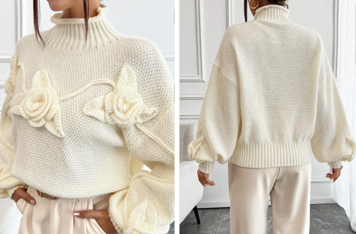 Ysoriah | 3D‑Floral Turtleneck Jumper – Cosy Elegance in Beige