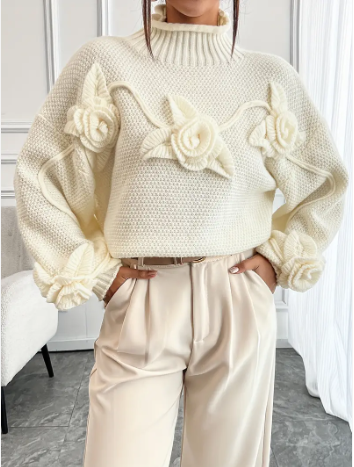 Ysoriah | 3D‑Floral Turtleneck Jumper – Cosy Elegance in Beige