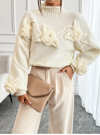 Ysoriah | 3D‑Floral Turtleneck Jumper – Cosy Elegance in Beige
