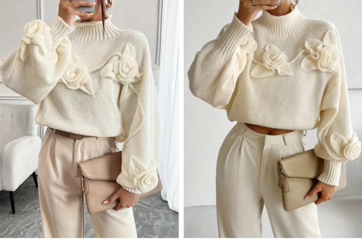 Ysoriah | 3D‑Floral Turtleneck Jumper – Cosy Elegance in Beige