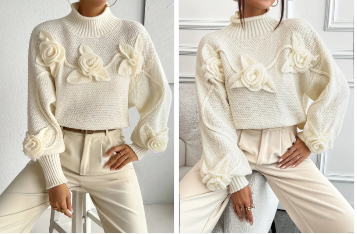 Ysoriah | 3D‑Floral Turtleneck Jumper – Cosy Elegance in Beige