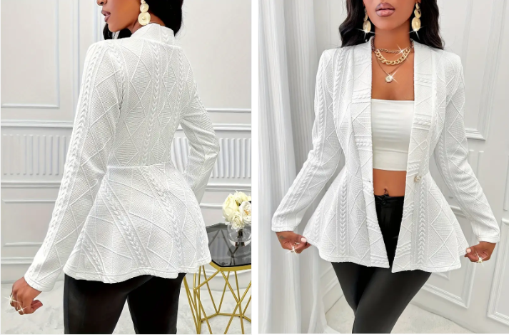 Zelaria | Single‑Button Deep‑V Blazer – Textured A‑Line Fit