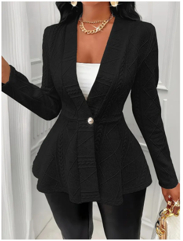 Zelaria | Single‑Button Deep‑V Blazer – Textured A‑Line Fit