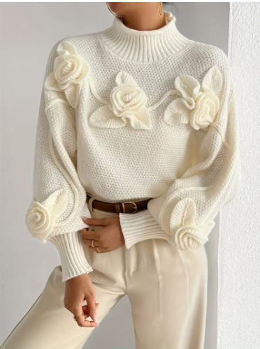 Ysoriah | 3D‑Floral Turtleneck Jumper – Cosy Elegance in Beige