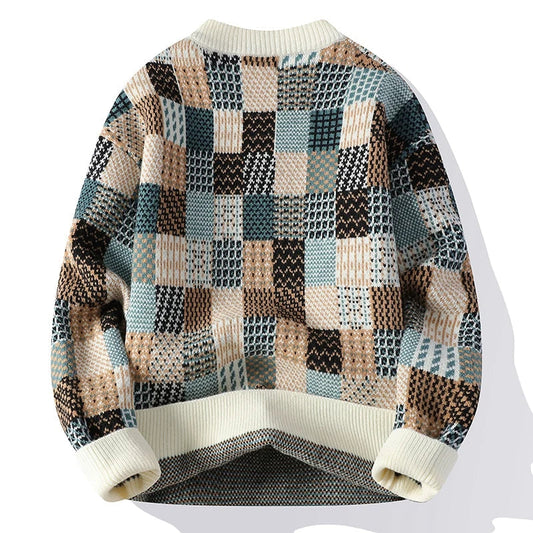Mortine | Men's Vintage Patchwork Sweater – High-Quality Thick Knit with Colourful Pattern