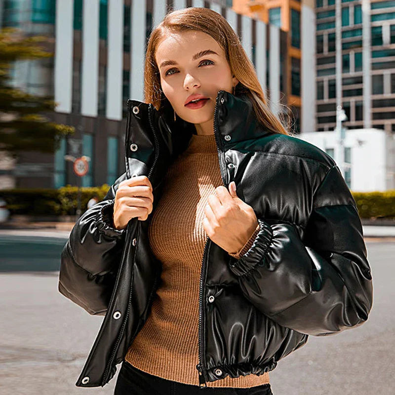 Octana | Women's Cropped Faux Leather Parka with Stand Collar & Button Details – Elegant & Functional Winter Coat