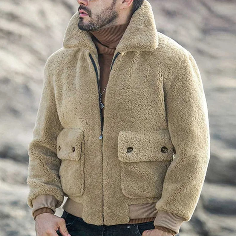 Maik | Men's Beige Faux Shearling Zip Jacket with Large Pockets – Warm & Practical