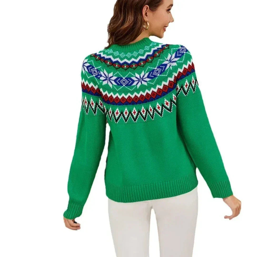 Annesa | Women's Cozy Winter Knit Sweater with Stylish Multicolour Pattern and Round Neck