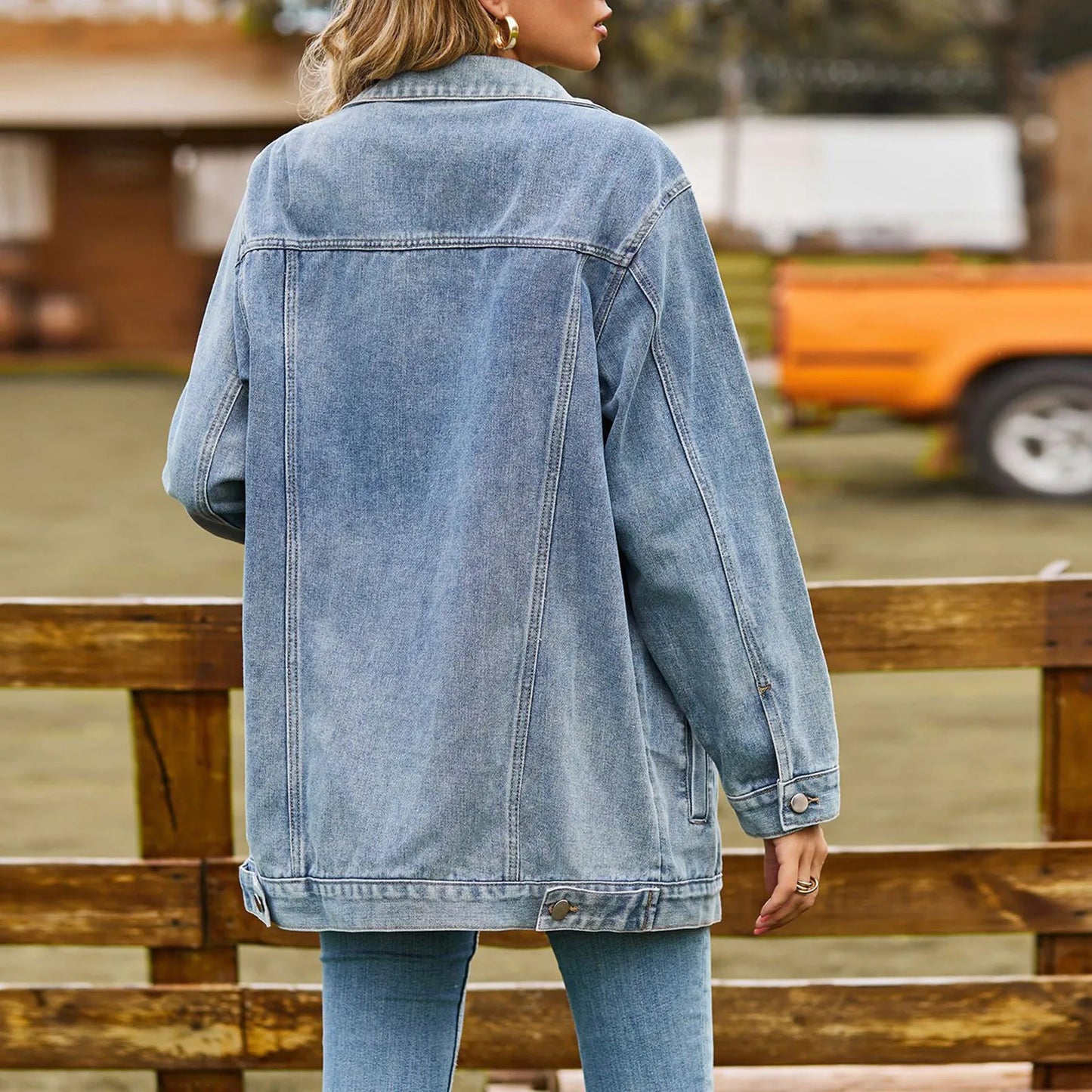 Delia | Women's Classic Denim Jacket with Lapel Collar, Buttons, and Multiple Pockets