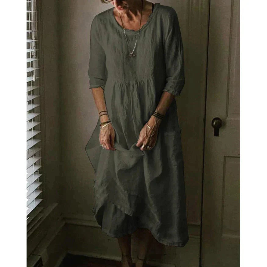 Frankie | Women's Solid Colour Round Neck Half Sleeve Cotton Linen Summer Maxi Dress