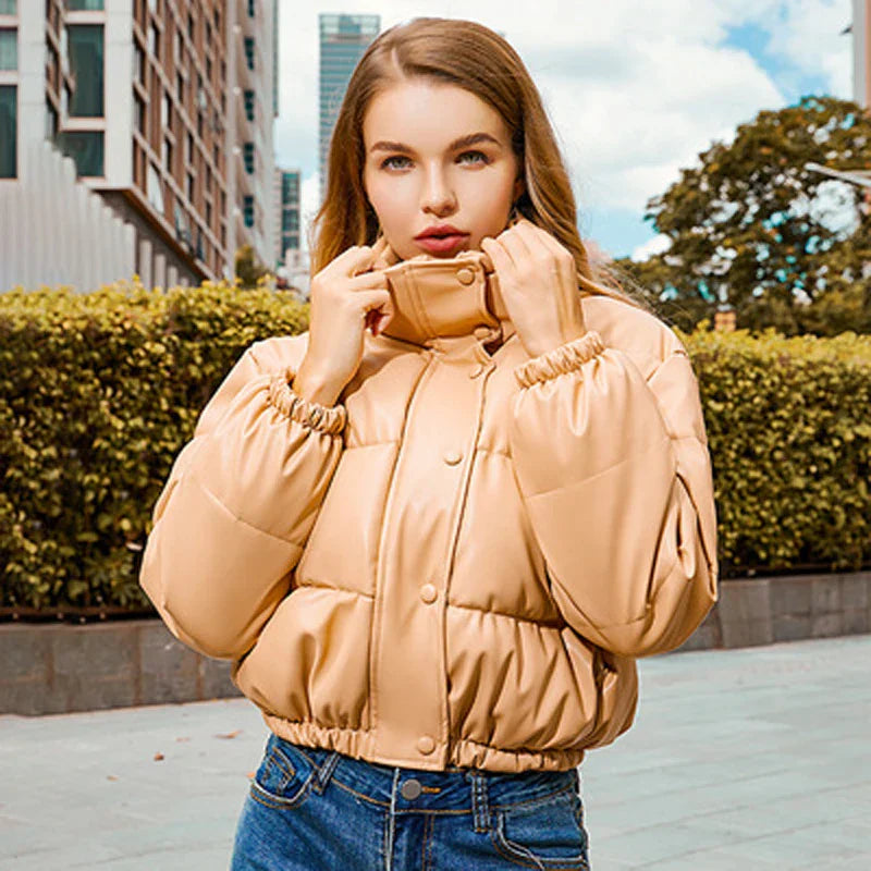 Octana | Women's Cropped Faux Leather Parka with Stand Collar & Button Details – Elegant & Functional Winter Coat