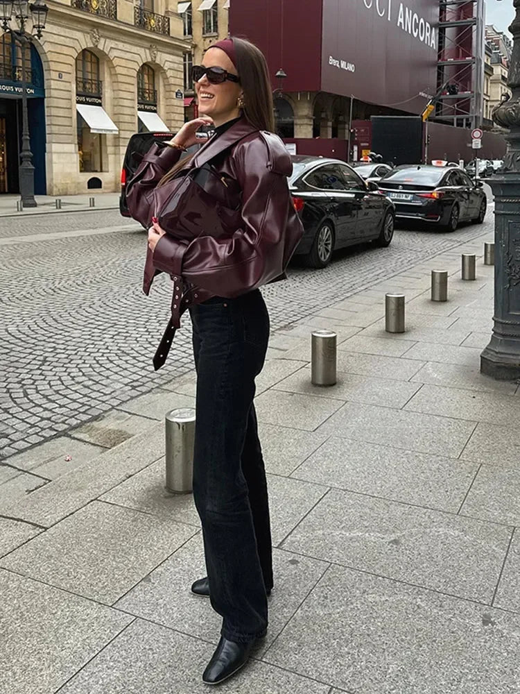 Eudeline | Women’s Burgundy Oversized Leather-Effect Jacket with Belt and Wide Lapels