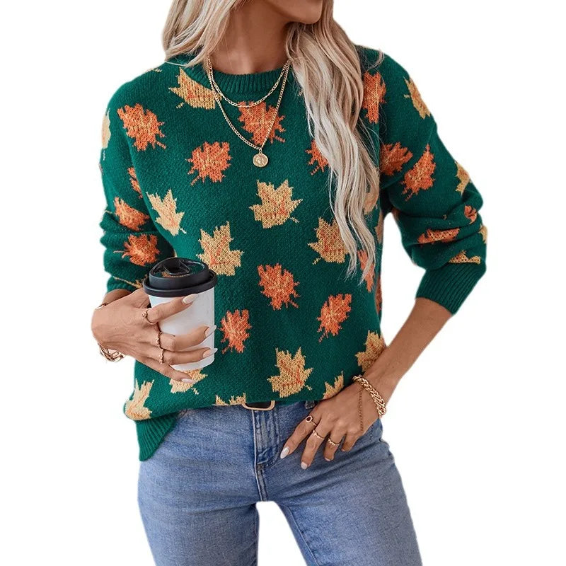 Senta | Women's Green Knitted Jumper with Maple Leaf Pattern