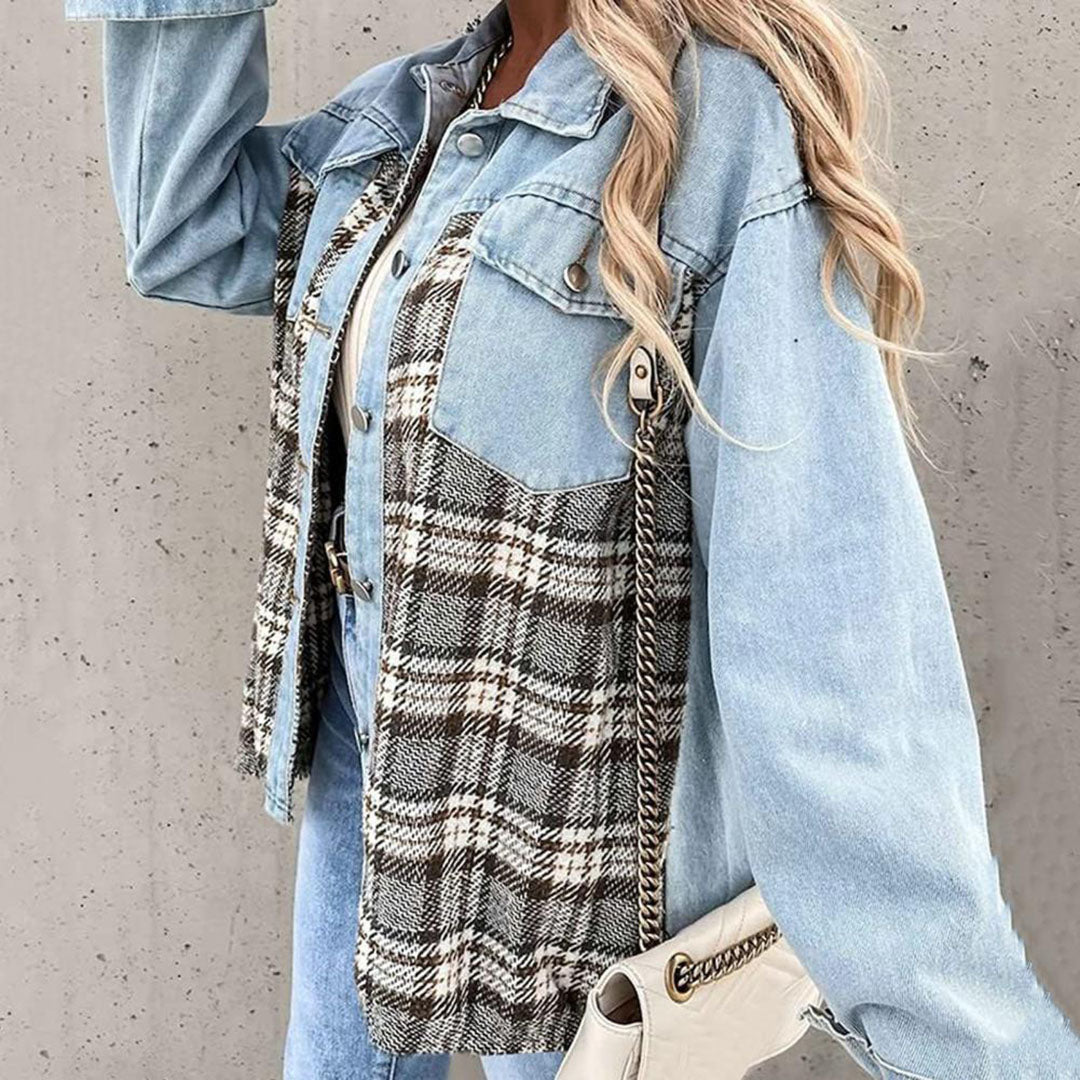 Bianca | Women's Plaid Buttoned Lapel Collar Denim Jacket