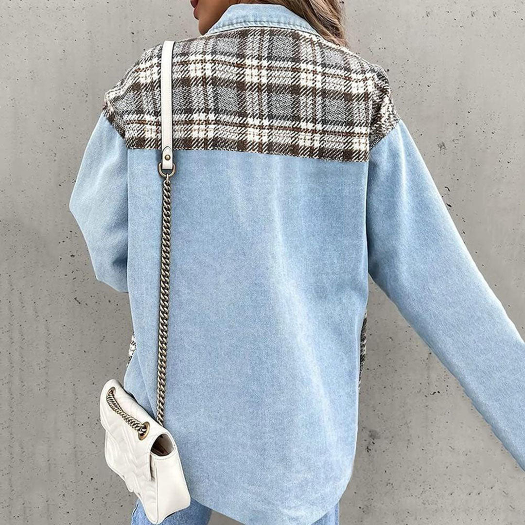 Bianca | Women's Plaid Buttoned Lapel Collar Denim Jacket