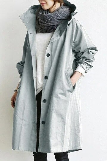 Janelle | Women's Long Waterproof Coat with Hood and Button Closure