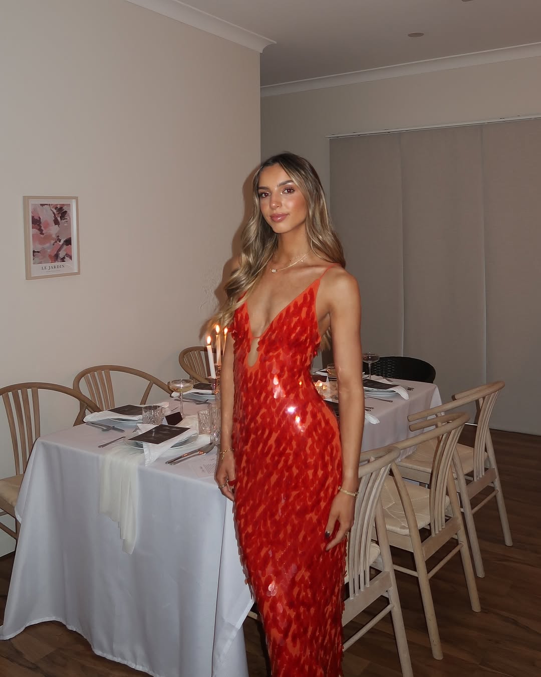 Lara | Women’s Red Sequin Spaghetti Strap Deep V Neck Mermaid Maxi Dress for Special Occasions