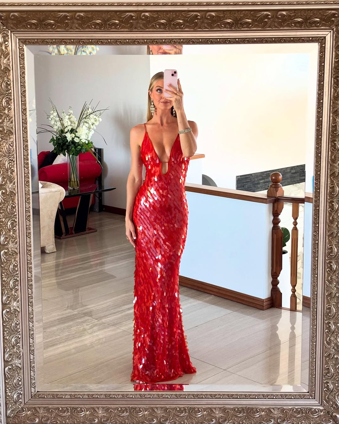 Lara | Women’s Red Sequin Spaghetti Strap Deep V Neck Mermaid Maxi Dress for Special Occasions