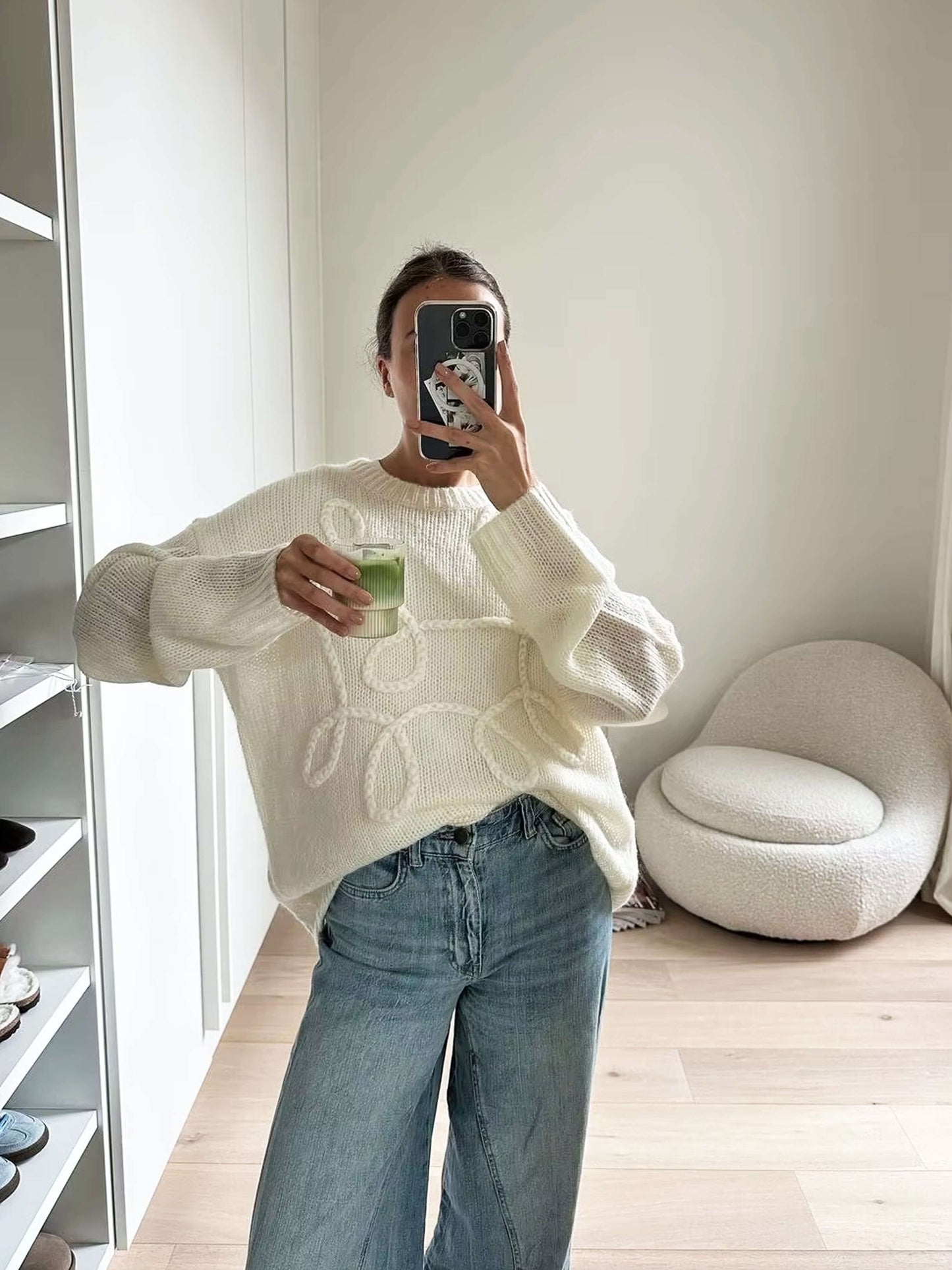 Jessica | Women’s Oversized Knitted Sweater with Round Neck & Patterned Design