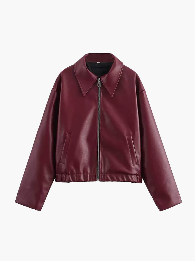 Jill | Women’s Oversized Burgundy Faux Leather Jacket with Zip and Lapel Collar