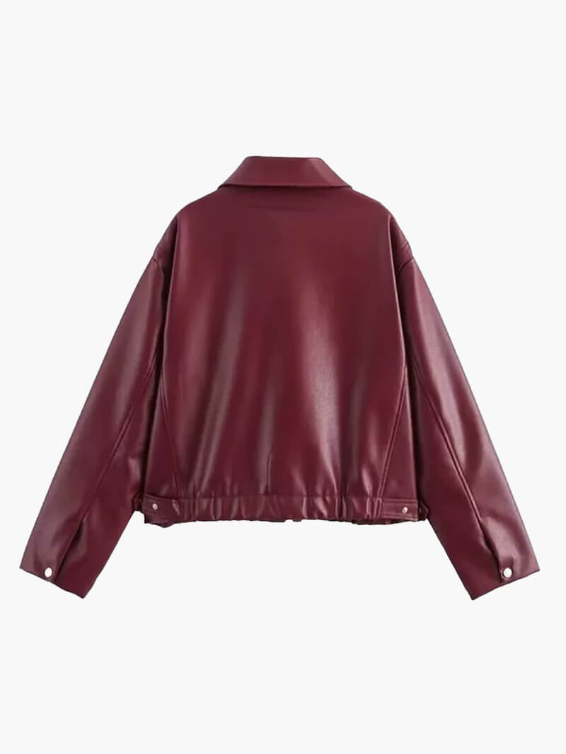 Jill | Women’s Oversized Burgundy Faux Leather Jacket with Zip and Lapel Collar