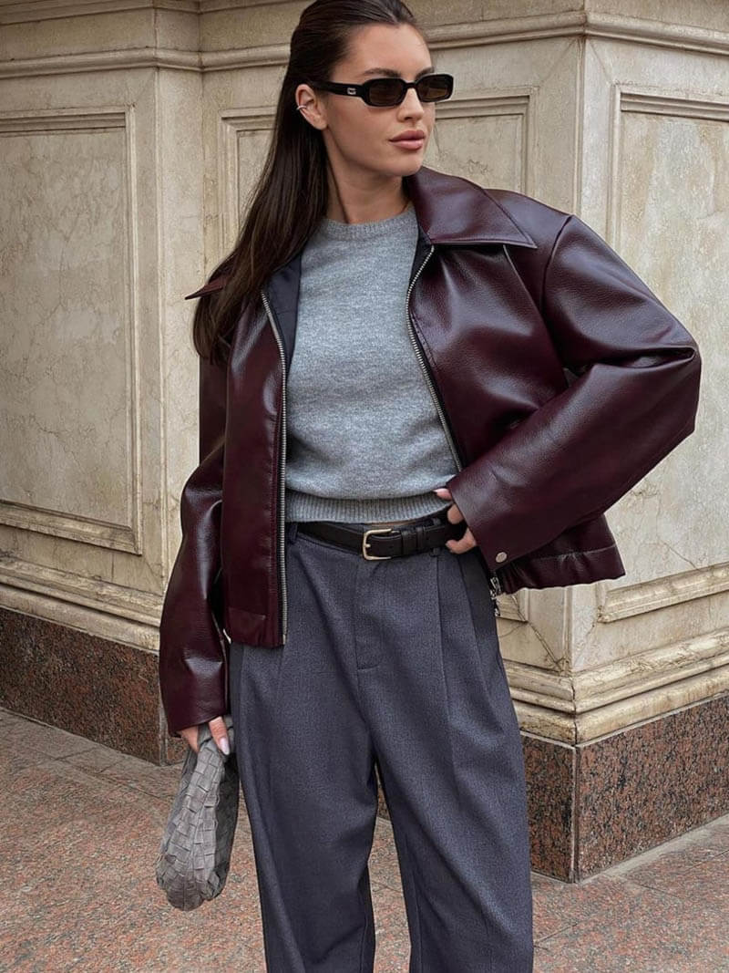 Jill | Women’s Oversized Burgundy Faux Leather Jacket with Zip and Lapel Collar