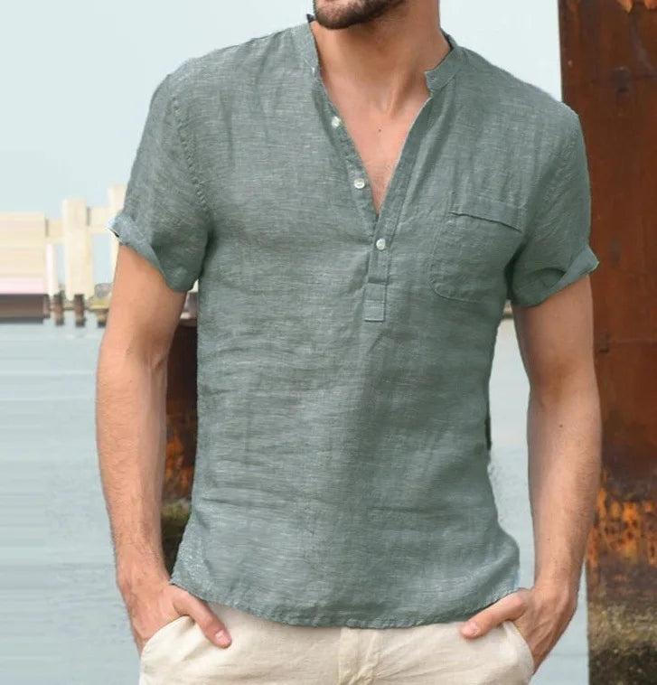 Maxim | Men’s Short‑Sleeve Linen Shirt – Solid Colour with Partial Button Placket