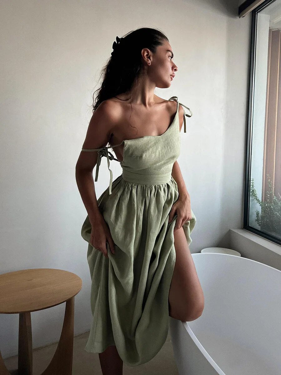 Marigold | Women’s Backless Linen Summer Maxi Dress with Tie Shoulder Straps