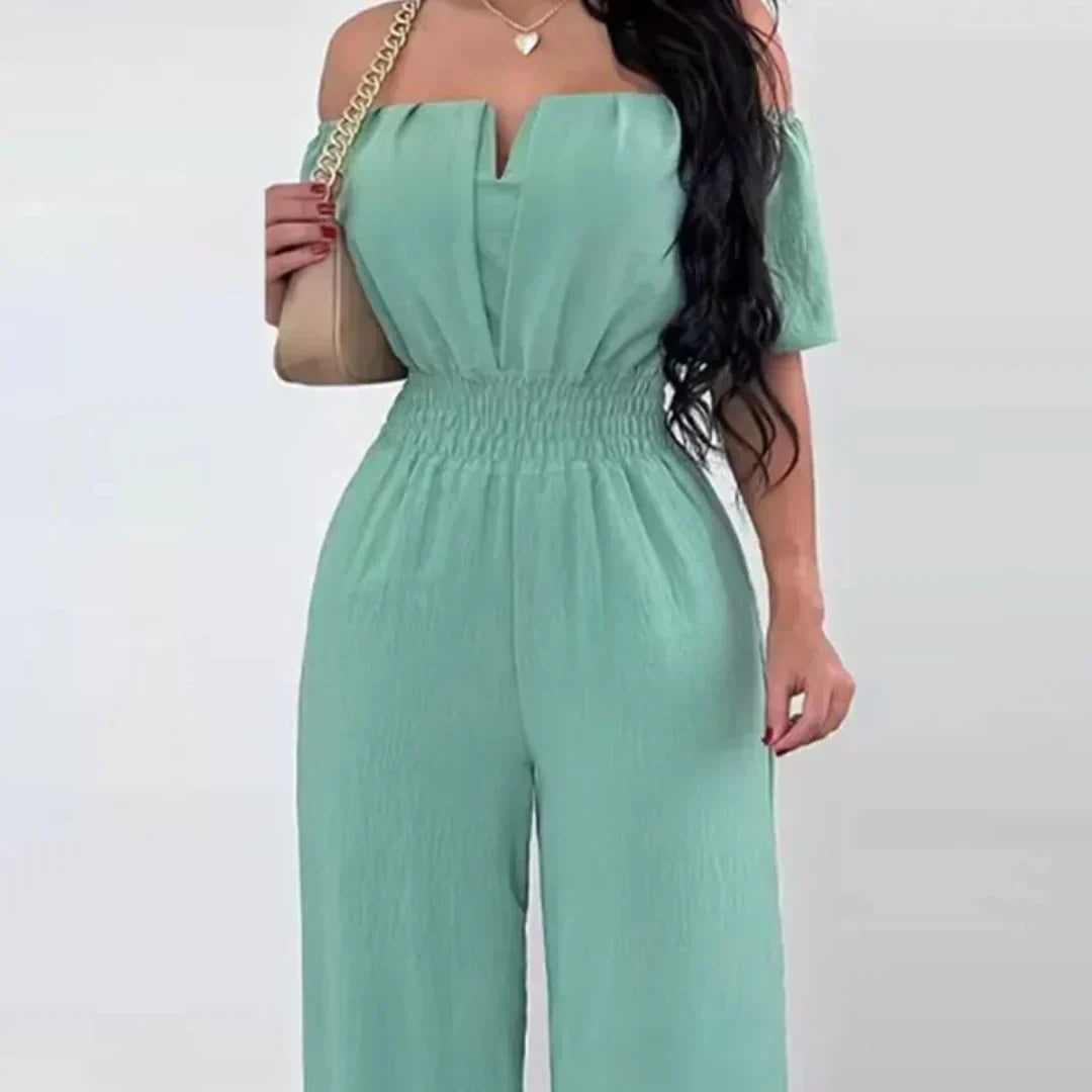 Adelia | Women's Off-Shoulder V-Neck Jumpsuit with Wide Legs