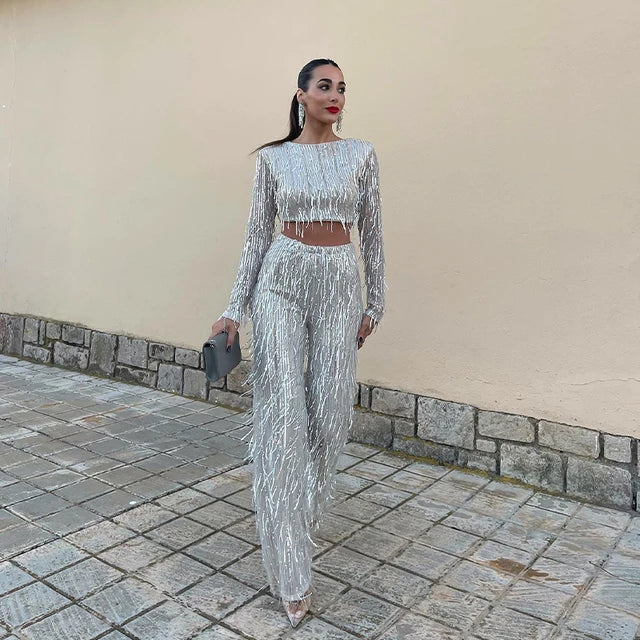 Idony | Women's Sparkly Sequin Fringe Co-ord Set – Cropped Top & Matching Trousers