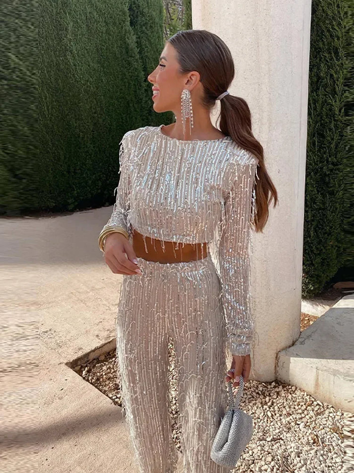 Idony | Women's Sparkly Sequin Fringe Co-ord Set – Cropped Top & Matching Trousers