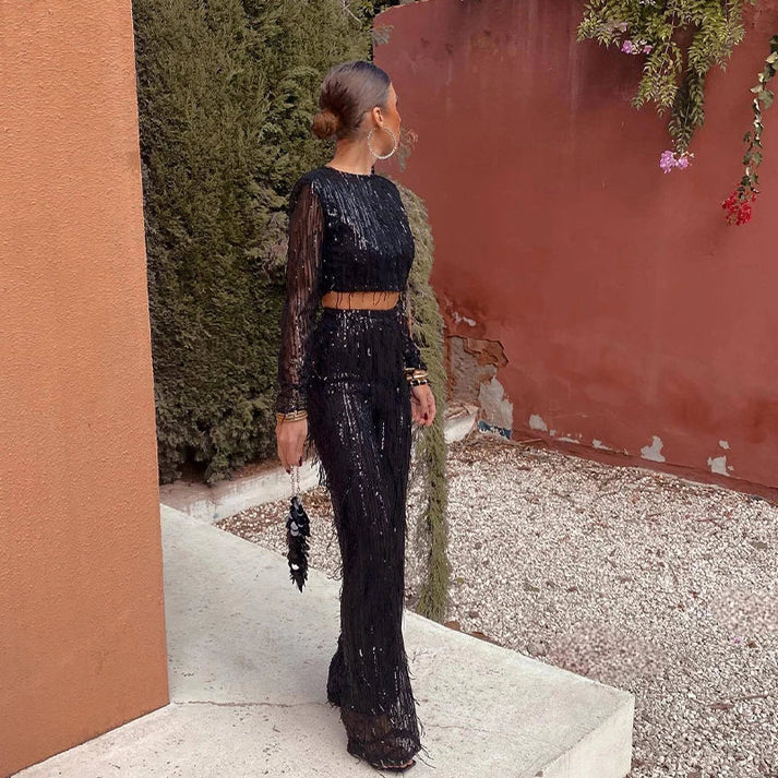 Idony | Women's Sparkly Sequin Fringe Co-ord Set – Cropped Top & Matching Trousers