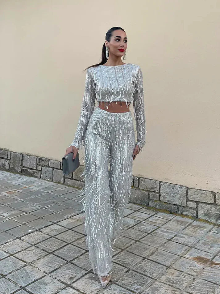 Idony | Women's Sparkly Sequin Fringe Co-ord Set – Cropped Top & Matching Trousers