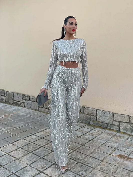Idony | Women's Sparkly Sequin Fringe Co-ord Set – Cropped Top & Matching Trousers