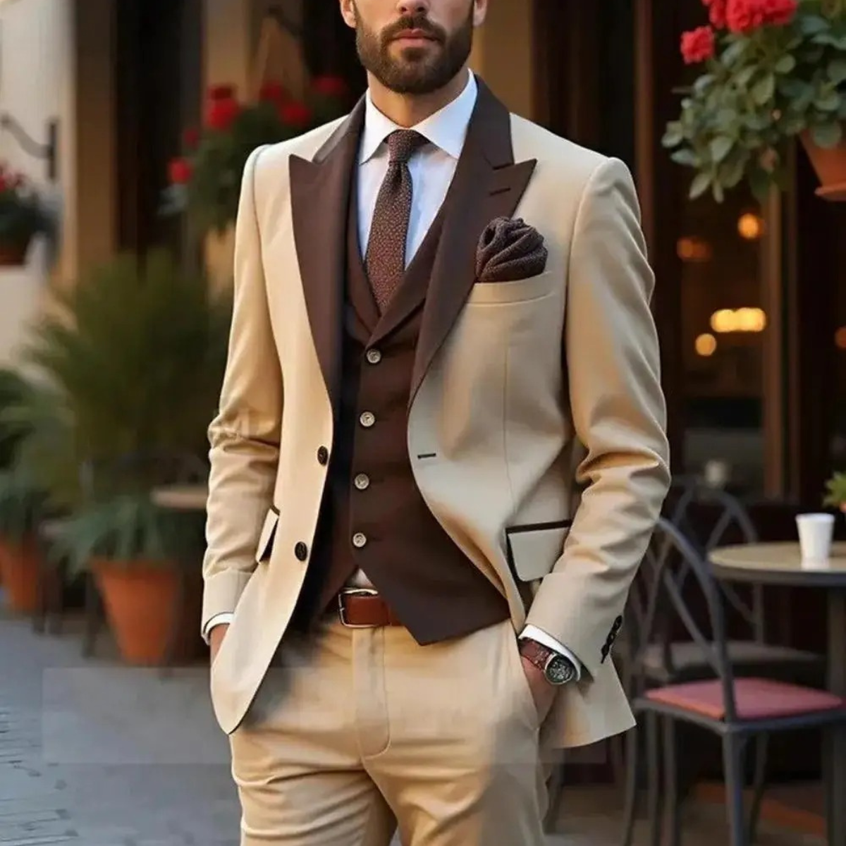 The Chester Men’s Beige 3 Piece Suit – Slim Fit Formal Wedding & Business Tuxedo