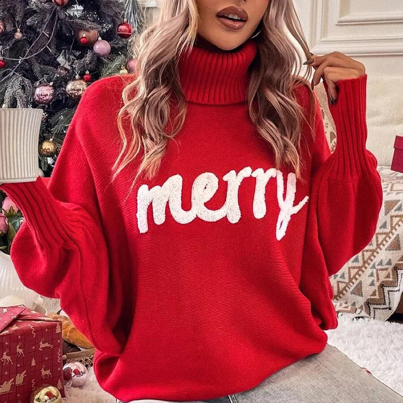 Katrin | Women's Turtleneck Loose Fit Knitted Sweater with Festive "Merry" Detail