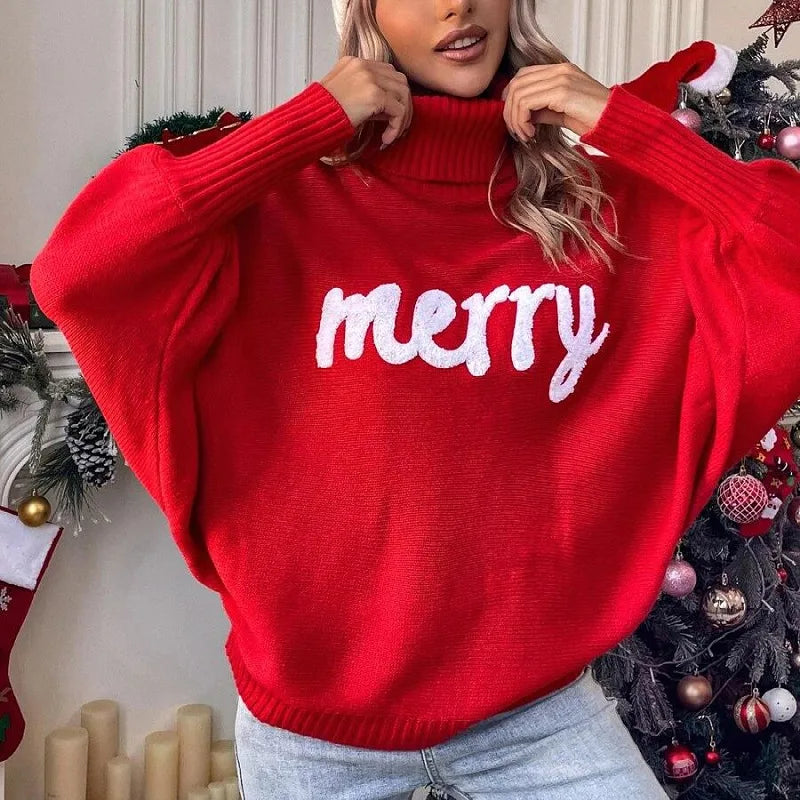 Katrin | Women's Turtleneck Loose Fit Knitted Sweater with Festive "Merry" Detail