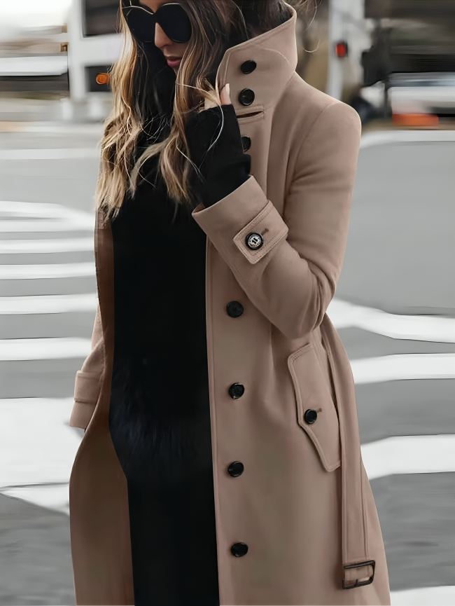 Elinwyn | Women's Long Cotton Coat with High Collar, Waist Belt and Button Detail