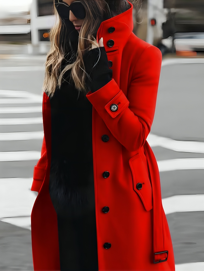 Elinwyn | Women's Long Cotton Coat with High Collar, Waist Belt and Button Detail